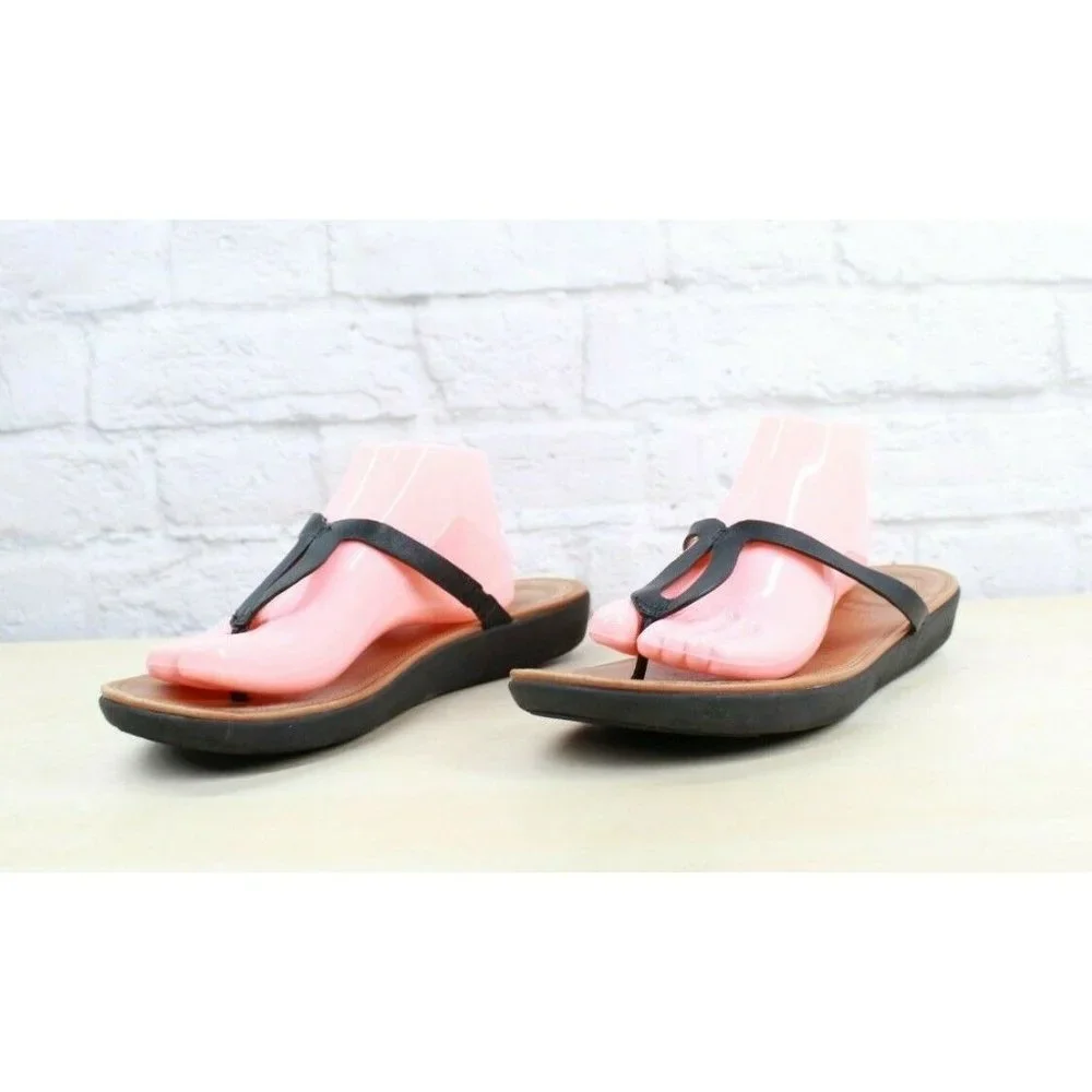 FITFLOP Banda Black Leather Thong Slim Wedge Thong Sandals Size 11 - Picture 4 of 9